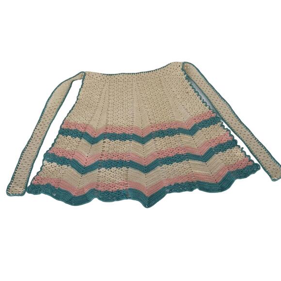 Vintage Crochet Apron Retro Striped Green Pink White Handmade Scalloped Bottom - Picture 1 of 8